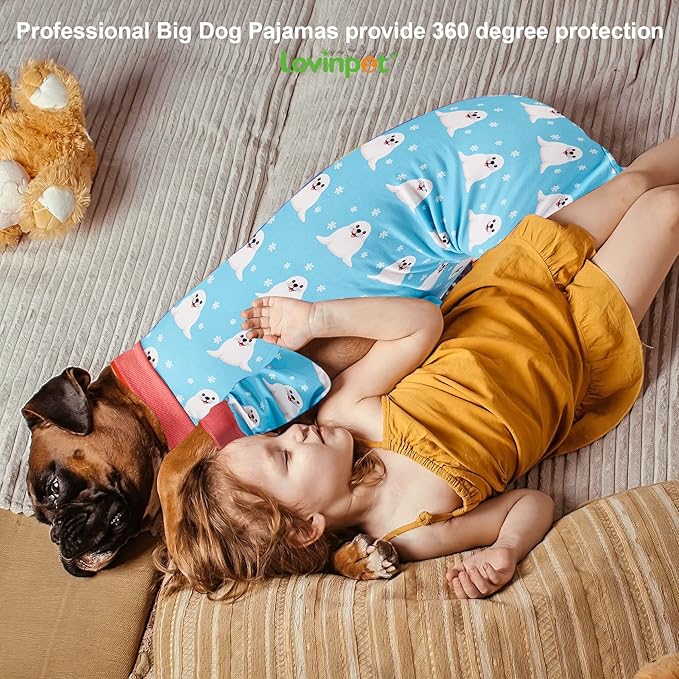 LovinPet Large Big Dog Pajamas - Anxiety Calming, Anti Licking Dog Onesie, Turquoise Sea Plants Print. Large Breed Dog Jammies, Pet PJ's for Travel & Home, Pet Pajamas for Dogs, Blue Medium