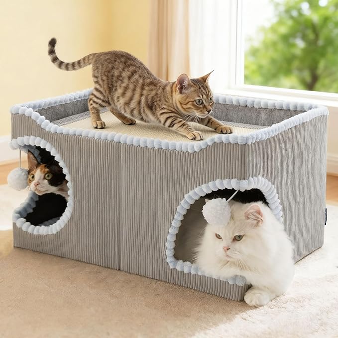 Bedsure Large Cat Beds for Indoor Cats - Extra Wide Cat House with Scratch Removable Top Sisal Pad for Multi Cats, Foldable Cave Hideaway for Entertainment, 23.6x15.9x12.6inches, Grey
