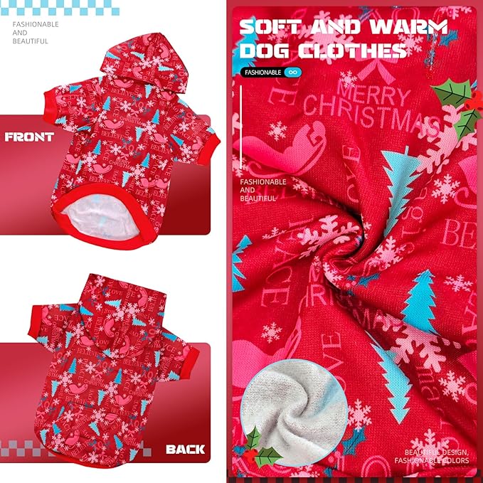 Red Christmas Dog Hoodie Soft Warm Fleece Lined Dog Sweater Hoodie with Leash Hole and Pocket Elastic Xmas Pet Coat Clothes Dogs Sweatshirt for Small Medium Large Size Dogs(Red B,Small)