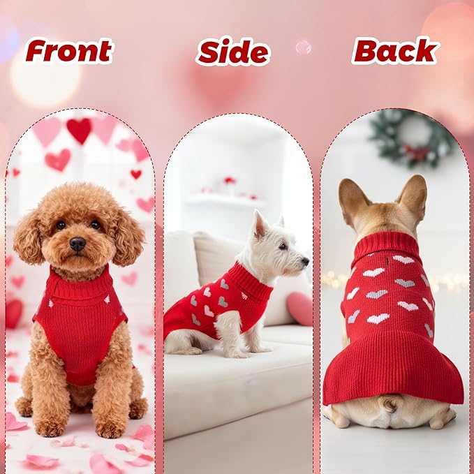 Dog Sweater Dress Heart Red Turtleneck Knit Dress for Small Dogs 9-15 lbs Valentine Winter Pullover with Leash Hole for Wedding Mothers Day Valentine's Day
