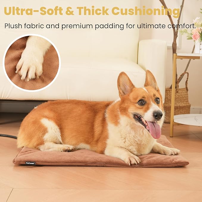 PetTemp Large Pet Heating Pad for Cats Dogs Indoor & Sheltered Outdoor Waterproof Heated Dog Bed Heated Cat Bed Chew Resistant Cord Constant Temperature Brown 26 x 20 Inch