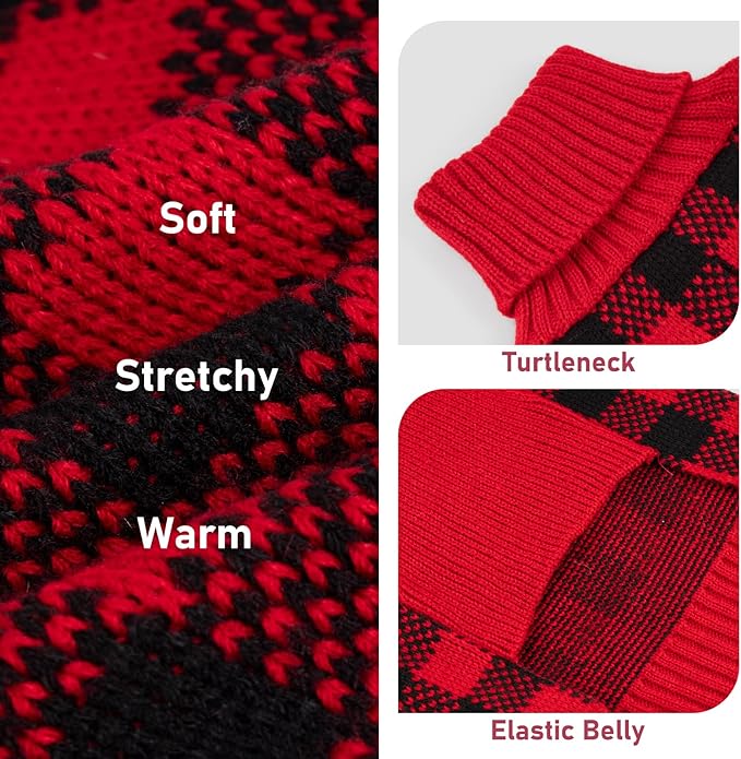 KYEESE Dog Christmas Sweater with Reindeer Pattern, Cozy Large Pet Christmas Red Buffalo Plaid Knit, Turtleneck Dog Sweater for Large Dogs with Leash Hole, Soft Warm Pet Clothes, XXX-Large