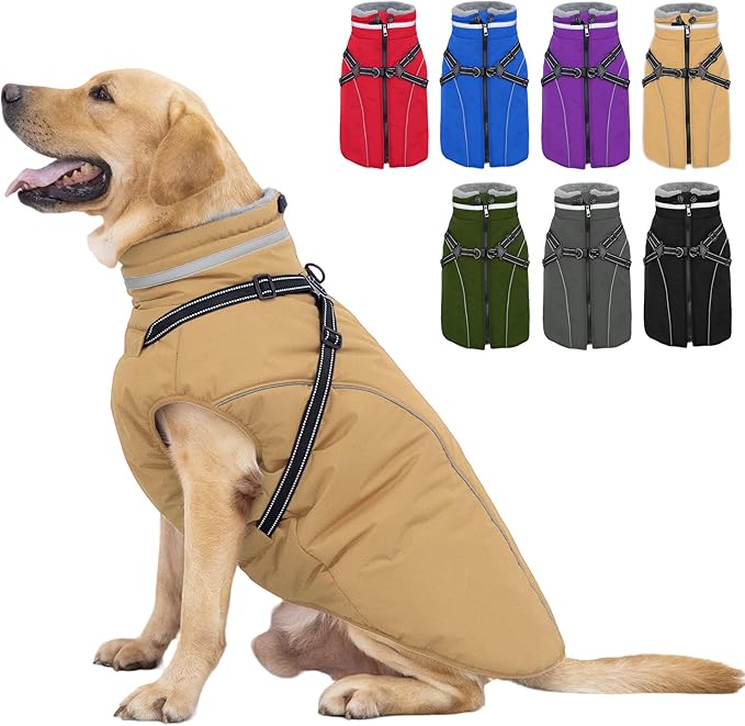 Fragralley Dog Coat with Harness Built in, Waterproof Windproof Reflective Warm Puffer Jacket, Fleece Lined Vest Winter Parka for Small, Medium, Large Dogs