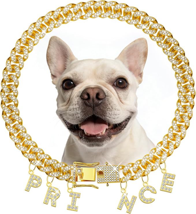 Custom Dog Chain Collar with Name, Diamond Collars Metal Chain Necklace with Secure Buckle, Cuban Style Jewelry Accessories for Puppy Small Medium Large Dogs(Gold, 20 Inch)