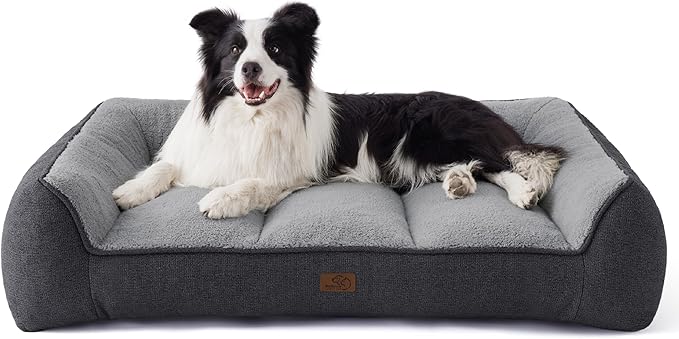 Bedsure Orthopedic Dog Beds Large Sized Dog - Extra Thick Supportive Large Dogs Bed with Waterproof Washable Cover, L Plus Comfort Pet Bed Sofa with Soft Plush Sherpa and Nonskid Bottom, Grey, 38"