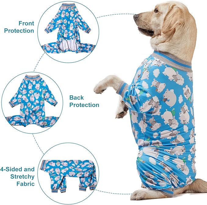 LovinPet Pitbull Pjs for Large Dogs/Cozy Dog Pajamas, Slim Fit, Lightweight Pullover/Full Coverage Dog Pjs/Happy Hippo Blue Print/Large Husky Pajamas /3XL