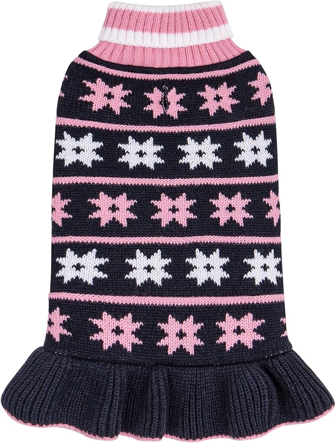 KYEESE Dog Sweater Fall Winter for Girl Dog Clothes Warm Pet Coats Dogs Sweater Dress with Snowflake Pattern Knit Turtleneck Pullover with Leash Hole for Small Dogs, Girl Navyblue, X-Large