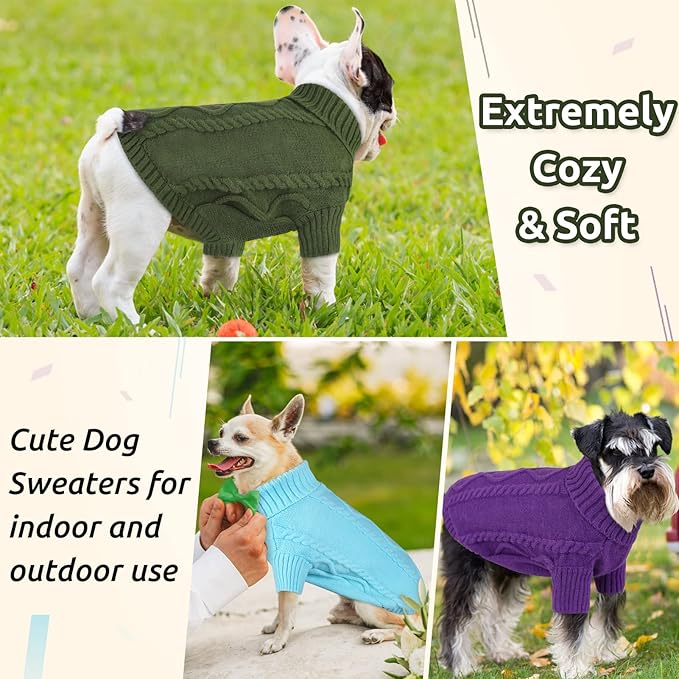 Queenmore Small Dog Pullover Sweater, Cold Weather Cable Knitwear, Classic Turtleneck Thick Warm Clothes for Chihuahua, Bulldog, Dachshund, Pug (Sky Blue, X-Small)