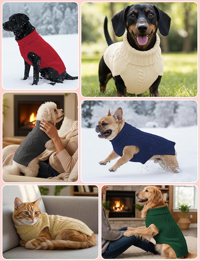 2PCS Dog Christmas Sweater, Soft Warm Pet Clothes Coat for Small Medium Large Dogs and Cats Boy Girl, Fall Cozy Holiday Turtleneck Knitting Collar Pullover Pup Outfit Costume for Thanksgiving New Year