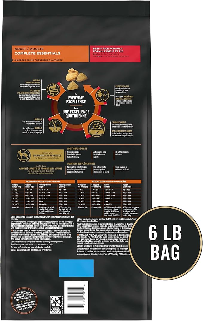 Purina Pro Plan High Protein Dog Food With Probiotics for Dogs, Shredded Blend Beef & Rice Formula - 6 lb. Bag