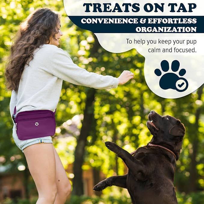 Puppington 3-in-1 Crossbody Dog Walking Bag & Treat Pouch with Matching Planet Safe Poop Bags & Built-In Dispenser - Dog Mom Gift for Puppy Training with Zippered Pockets (Plum Wine)