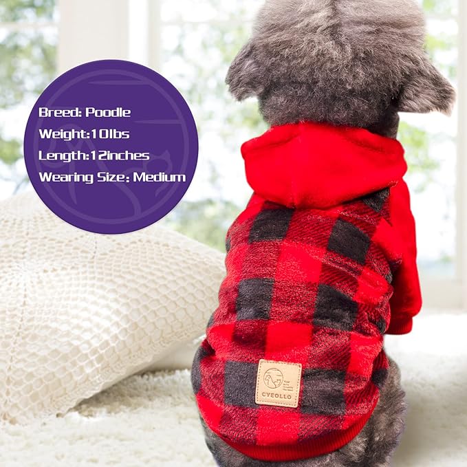 cyeollo Dog Sweater Christmas Hoodie Warm Flannel Sweatshirt Thermal Buffalo Plaid Winter Coats Dog Hoodies for Small Dogs