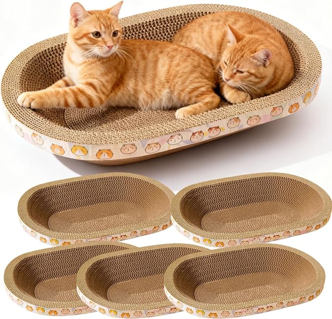 Spindro 5 Pack Large Cat Scratcher Cardboard, Oval Cat Scratcher Bed Cat Scratch Pad Board Lounge Couch for Indoor Cats Bowl Shaped Cat Scratching Post Nest for Cats Grinding Claw Furniture Protector