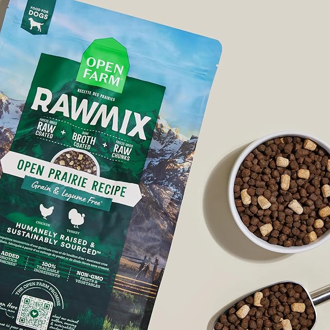 Open Farm, RawMix Grain-Free Dry Dog Food, Protein-Packed Kibble Coated in Bone Broth with Freeze Dried Raw Chunks, Chicken & Turkey, Open Prairie Recipe, 3.5lb Bag