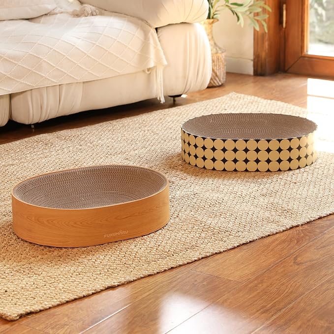 FUKUMARU Cat Scratcher Cardboard Lounge Bed, 2-in-1 Cat Scratch Pad, Oval Cats Scratching Board Indoor, Durable Modern Kitty Scratcher Bowl, Cats Scratch Furniture Protector, Wood Color
