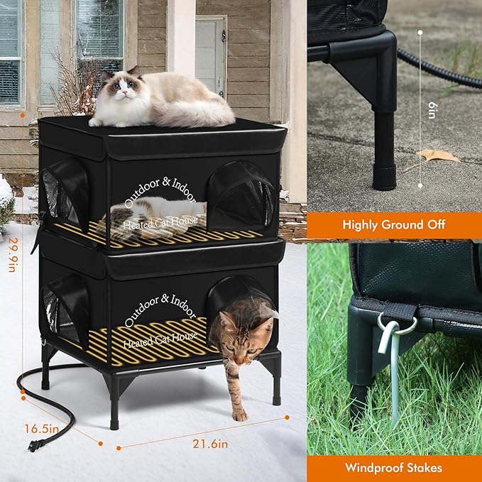 Yeatruojeet 2 Story Heated Cat House for Outside, 100% Waterproof, Safe Escape Door, Elevated Base, Weatherproof Insulated Shelter for Stray Feral Barn Cat