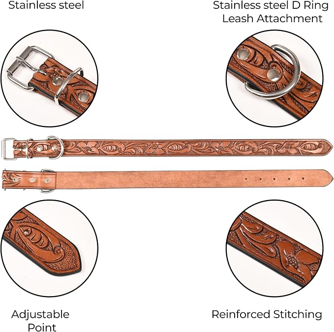 TARICO Adjustable Leather Dog Collar for All Breeds, Heavy Duty Non Padded Pet Collar with Engraved Design Durable Metal Buckle - Tan (XL: Fits 19–23" Necks)