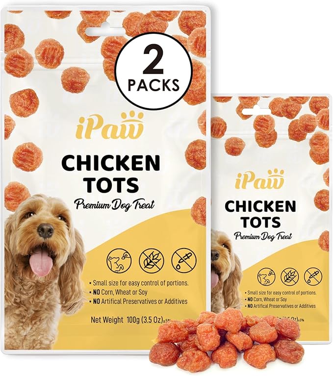 iPaw Chicken Tots Dog Treats for Puppy Training, All Natural Human Grade Dog Treat, Hypoallergenic, Easy to Digest (Chicken Tots), 2 Packs