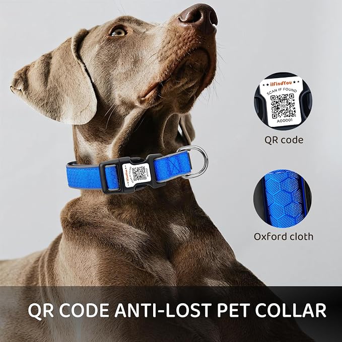 Personalized Dog Collar with QR Code Dog Tag, Oxford Blue M | Anti-lost, Oxford, reflective, padded, XS-L(8"-24"), QR buckle shares lost pet profile, location alerts when scanned, No Fees