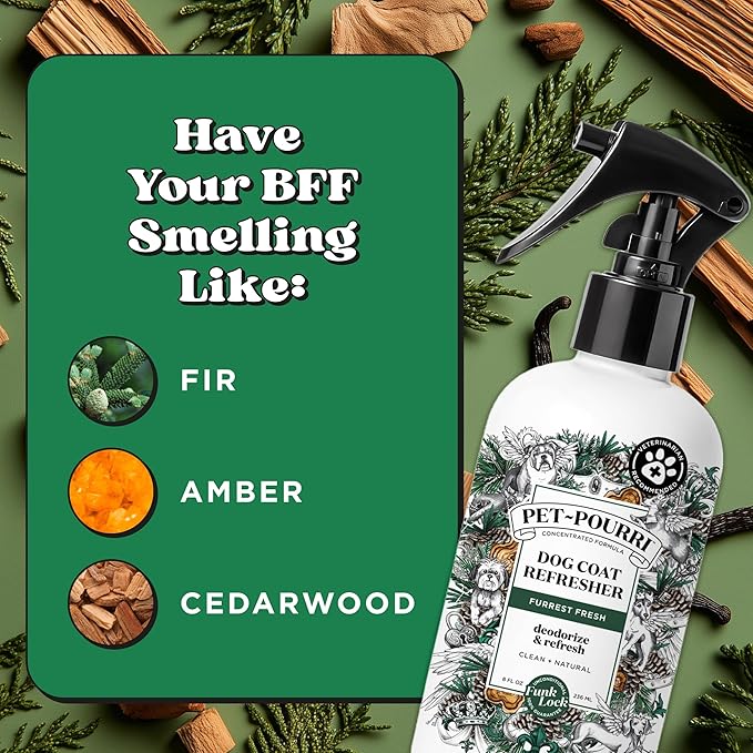 Poo-Pourri Furrest Fresh Dog Deodorizing Spray, 8 Fl Oz Grooming Perfume for Dog Coat, Pet Odor Neutralizer with Essential Oils, Vet Recommended, Paraben & Sulfate-Free Fir, Amber, & Cedarwood Scent