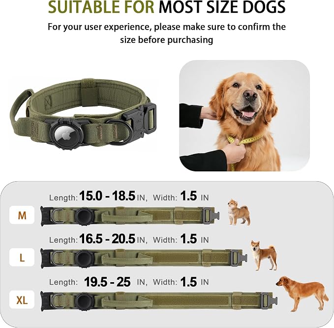 Tactical AirTag Dog Collar Leash Set - Heavy Duty, Adjustable GPS Collar