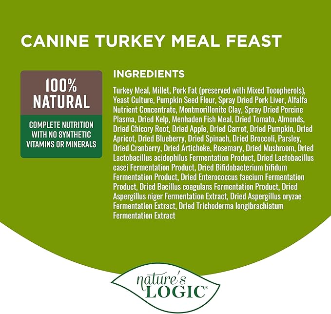 Nature's Logic Dry Dog Food - 100% Natural - No Synthetics - for All Ages, Sizes, Breeds - Free from Common Allergens, High Protein - Turkey Meal Feast, 13lbs