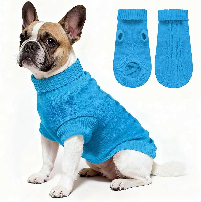 Knitted Dog Sweater for Small/Medium Dogs, Pullover Turtleneck Pet Sweaters, Winter Dog Clothes, Warm Soft Winter Holiday Cat Sweater, Blue, XL