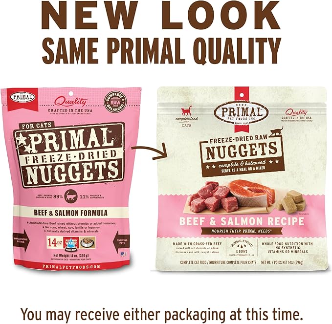 Primal Freeze Dried Raw Cat Food Nuggets Beef & Salmon, Complete & Balanced Meal or Topper, Premium, Healthy, Grain Free, High Protein Raw Cat Food with Probiotics (14 oz)