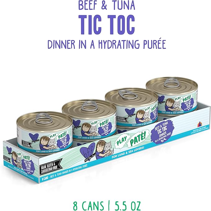 Weruva B.F.F. Play - Best Feline Friend Paté Lovers, Aw Yeah!, Beef & Tuna Tic TOC with Beef & Tuna, 5.5oz Can (Pack of 8)