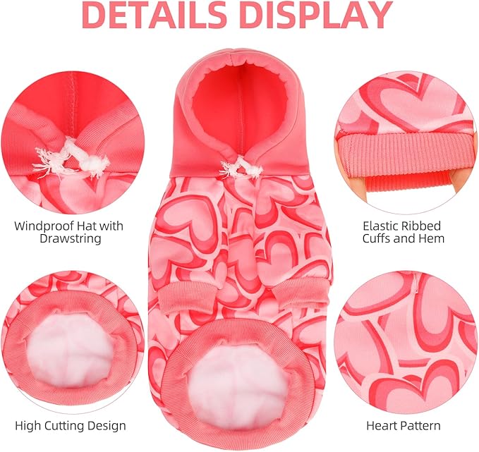 PUPTECK Valentine Dog Hoodie Pet Sweatshirt Soft Warm Clothes Fleece Lined with Hat for Small Medium Large Dogs, Pocket Design, Pink L