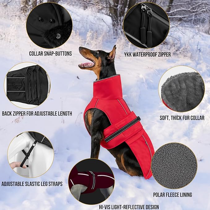 OneTigris Dog Coat Waterproof Dog Jacket with Adjustable Buckle Hook & Loop Windproof Cold Weather Coats for Small Medium Large Dogs (Red, Medium)