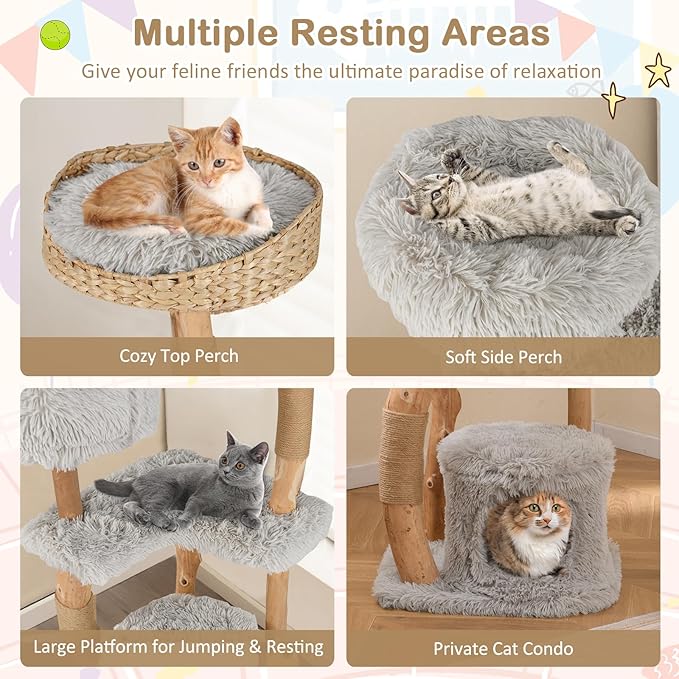 PETSITE 49 inch Cat Tree for Indoor Cats, Cute Solid Wood Modern Multi-Level Cat Tower with Scratching Posts, Top Cattail Basket Cat Bed, Side Perch, Large Platform, and Condo (Grey)