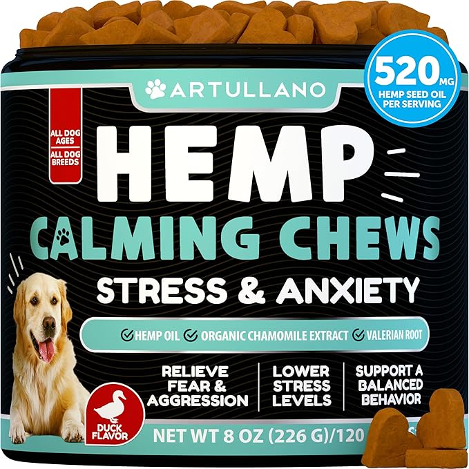 Hemp Calming Chews for Dogs - Dog Calming Chews - Dog Anxiety Relief Treats with Hemp Oil, Turmeric, Valerian, Ginger - Health and Wellness Supplements for Dogs - Hip and Joint Support - 120 Treats