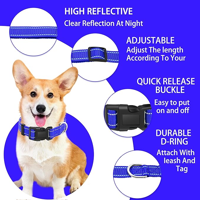 Reflective Dog Collar with Safety Locking Buckle, Adjustable Soft Breathable Nylon Collars for Small, Medium and Large Dogs(Collar+Leash L Navy Blue)