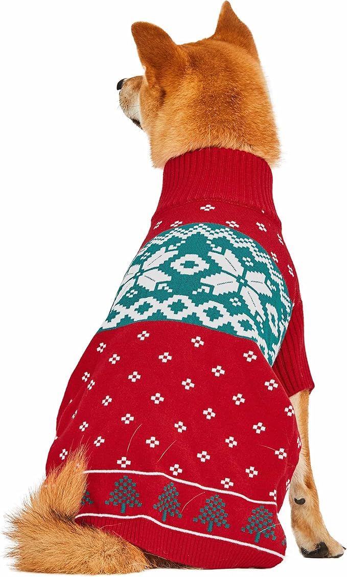 Blueberry Pet Christmas Tree and Snowflake Dog Sweater in Festive Red, Back Length 18", Pack of 1 Clothes for Dogs