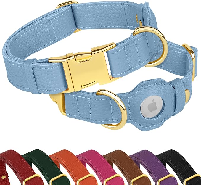 Leather Airtag Dog Collar - Soft Tracking Dog Collar with Apple AirTag Holder and Metal Buckle - Safety GPS Pet Collars for Small Medium Large Dogs Puppy Pink Red (Cornflower, XL, 20"-25" Neck Fit)