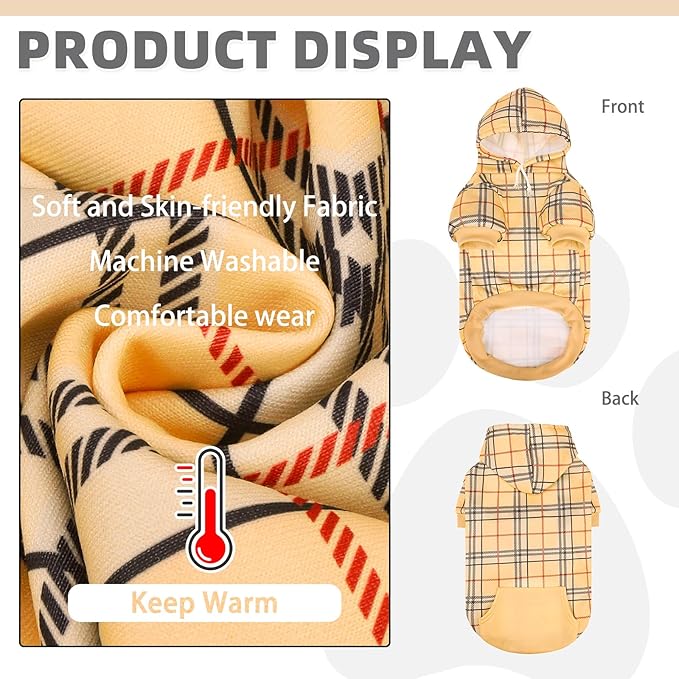 KOOLTAIL Plaid Dog Hoodie for Small Medium Large Dogs,Pet Clothes Sweater with Hat and Pocket for Cold Weather Winter, Soft&Warm Doggy Hooded Sweatshirt Coat Outfit for Puppy Cats Girls Boys Khaki L
