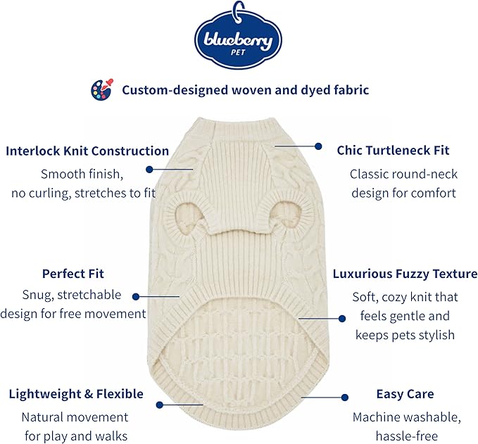 Blueberry Pet Classic Fuzzy Textured Knit Pullover Crew-Neck Dog Sweater in Ivory, Back Length 20", Pack of 1 Clothes for Dogs