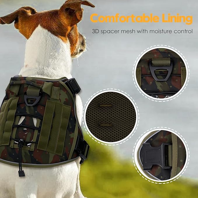 Heavy-Duty Tactical Dog Harness for Large Dogs, No Pull Adjustable Reflective Pet Vest with Molle System, K9 Military-Grade Control for Service Training, Outdoor & 10+ Breeds, Green Camo, X-Large