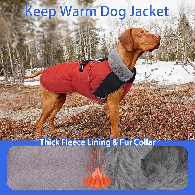 MIGOHI Snowproof Dog Coat - Thick Fleece Dog Jacket with Adjustable Collar, Keep Warm Winter Coat for Medium Dogs Cold Weather Walking Playing,Australian Shepherd,XL,RedBlack