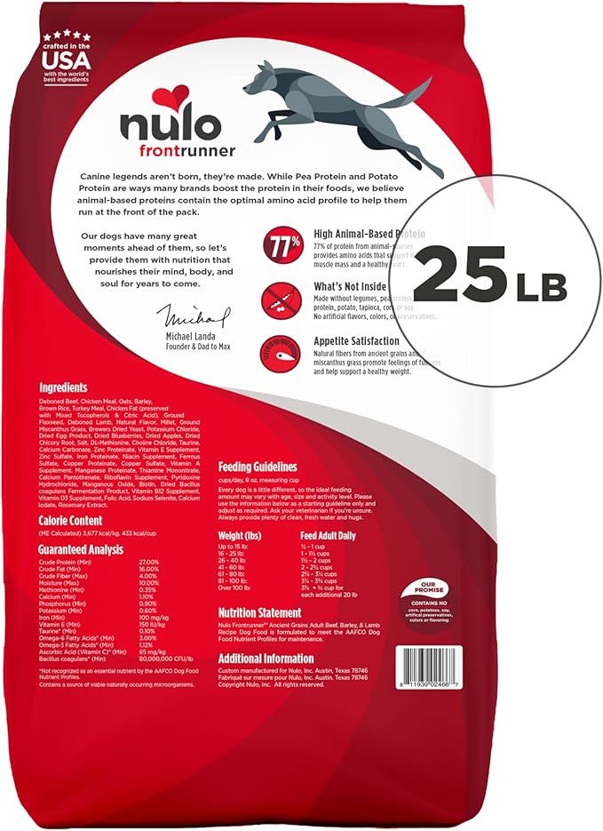 Nulo Frontrunner Ancient Grain Kibble Beef, Barley, & Lamb Recipe for Dogs 25 lb
