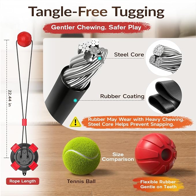 Dog Suction Cup Tug of War Toy, Interactive Self Play Dog Ball Toy with Chew Rope, Indestructible Bite Resistant Pet Training Tug Toy for Small Medium Large Dogs (Black red)
