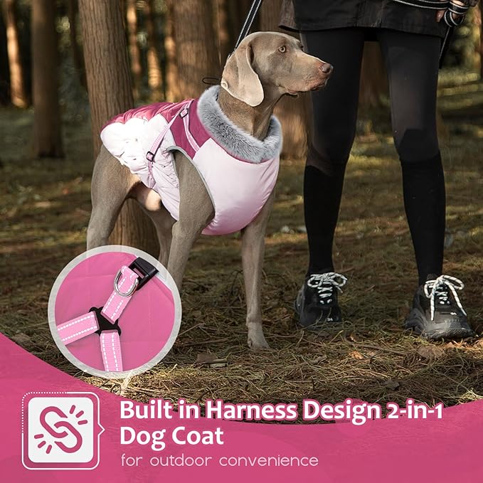 Dog Winter Coat with Harness, Dog Jacket, Pet Clothes with Zipper on Back, Waterproof Windproof Warm Vest, Reflective Cold Weather Coats, for Small Medium Large Dogs, Thick, Pink, 3XL