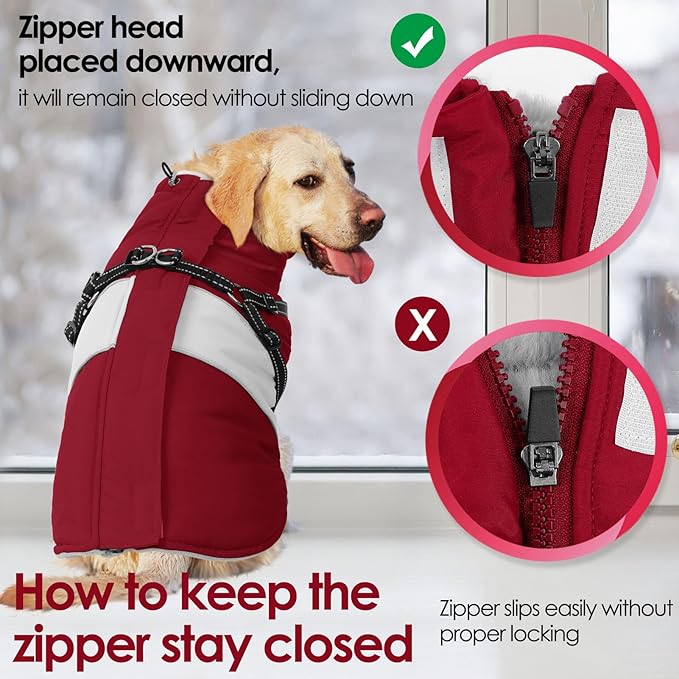 AOFITEE Dog Winter Coat, Dog Christmas Sweater, Dogs Coat with Harness Built in, Warm Jacket for Large Dogs, Reflective Waterproof Pet Puffer Jacket Snowsuit Windproof Pet Sweater, Burgundy XL