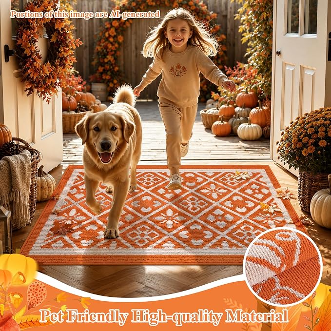Ileading Fall Indoor Door Mat Washable Orange Muddy Mats for Dogs 3x5ft
