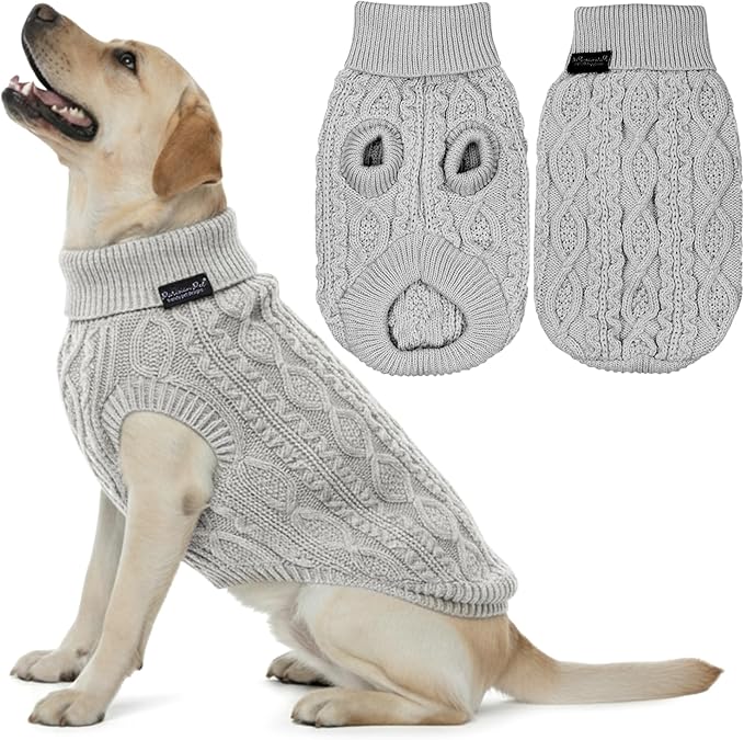 Parisian Pet Unisex Dog Sweaters - Pull Over, Turtle Neck Gray Dog Sweater - Cable Knit Thick Pet Sweater - Fall, Winter Doggy Clothes - Flexible Arm Holes Large Dogs Sweaters - 2XL