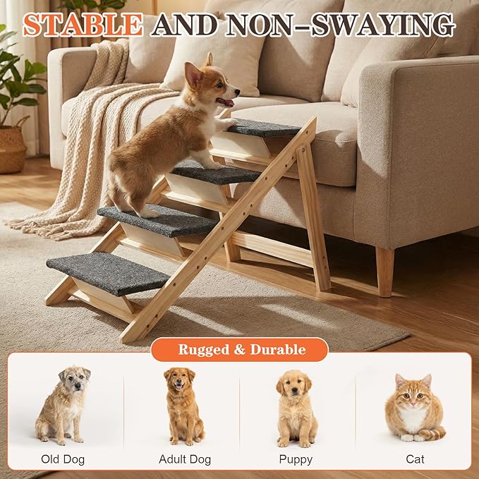 Foldable Dog Stair 2-in-1 with 4 Steps, New Zealand Pine Frame and Non-Slip Carpet Suitable for High Beds, Car,Couch, Durable Wooden Pet Stairs for Small Medium and Large Dogs, No Assembly Required