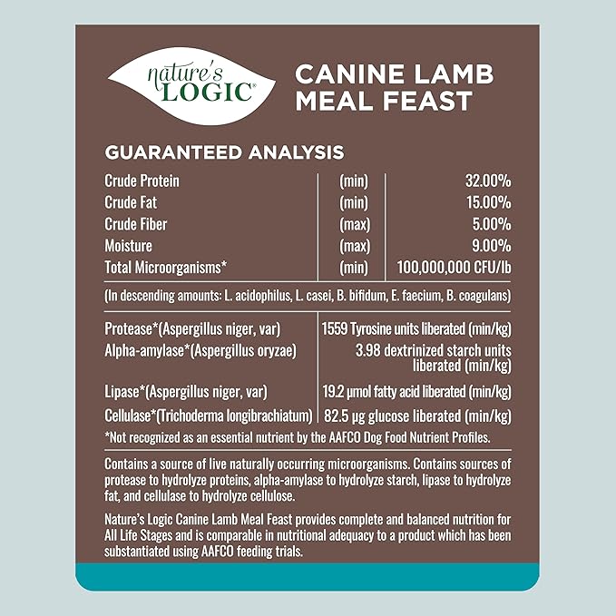 NATURE'S LOGIC Dry Dog Food - 100% Natural - No Synthetics - for All Ages, Sizes, Breeds - Free from Common Allergens, High Protein - Lamb Meal Feast, 13lbs