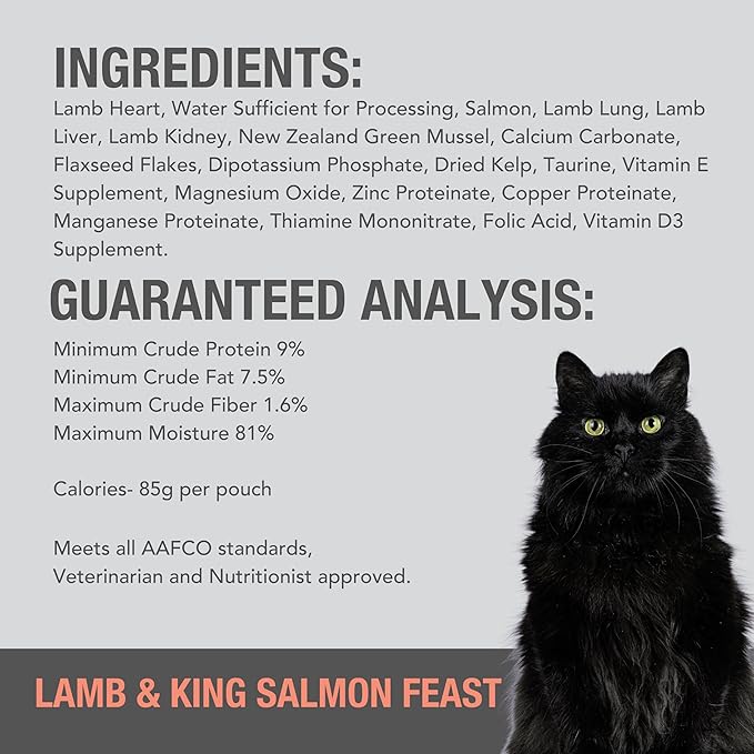 Feline Natural Wet Cat Food Pouch - Lamb & Salmon Feast, Grass-Fed & Wild-Caught, Grain-Free New Zealand Pate, 3oz Single Serve, Pack of 12