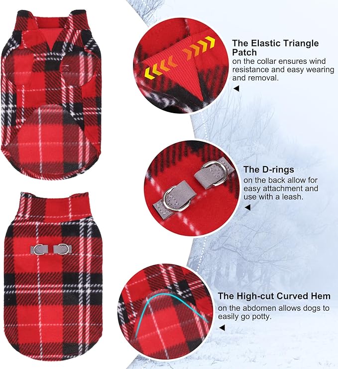 BEAUTYZOO Dog Fleece Vest Sweater Winter Jacket for Small and Medium Dogs with D-Ring Leash Cold Weather Coat Hoodie for XS S M Dogs Boy or Girls, Red Buffalo XS